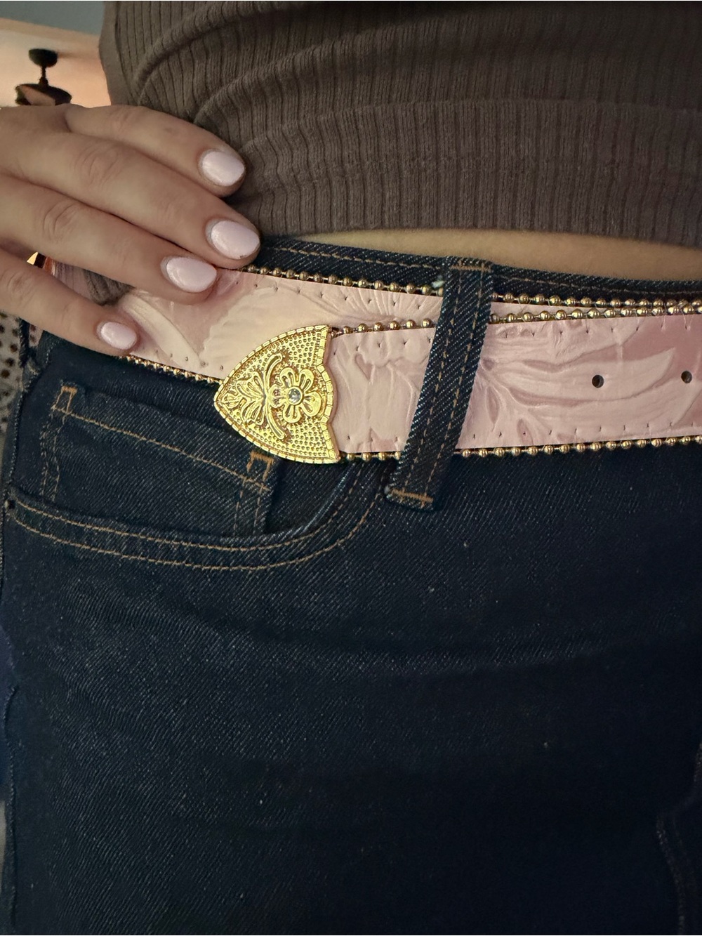 Pink Patent Western Belt with Gold Buckle